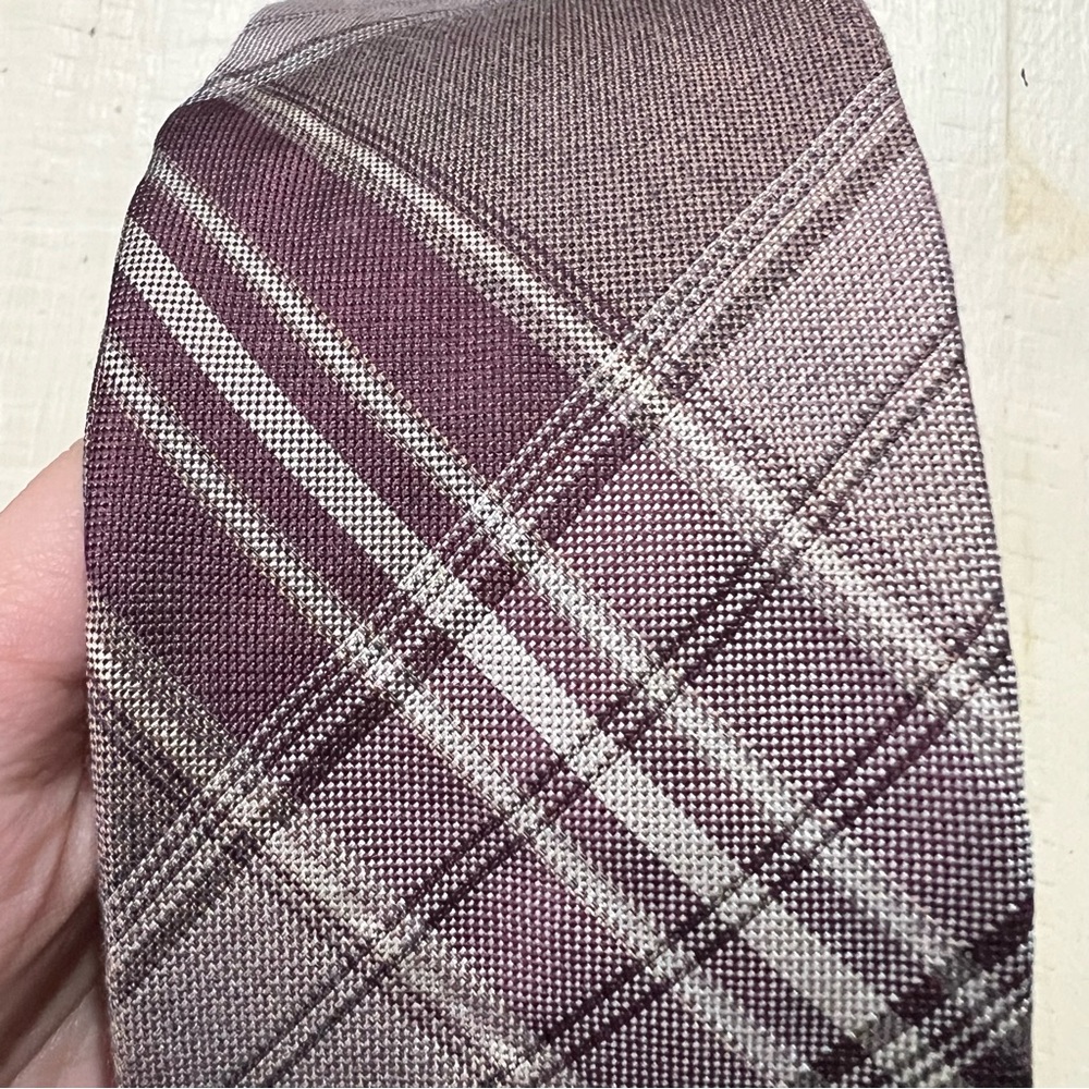 Calvin Klein Maroon & Beige Plaid Silk Blend Tie